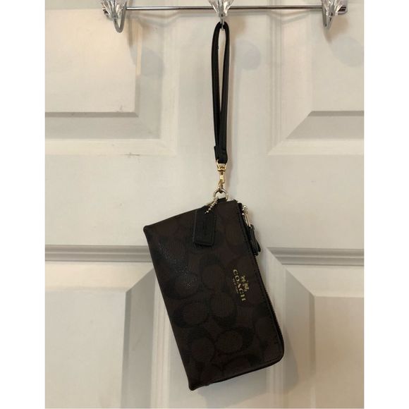 COACH - Signature Corner/Double Zip Wristlet Brown/Black Covered Canvas. PERFECT - Picture 11 of 16